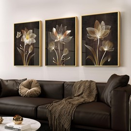 Framed Wall Art, Gold Framed Floral Paintings, Modern Flower Prints Wall Art Set - 3 Piece Minimalist Artwork Pictures Wall Decor for Living Room, Bedroom, Study, Office, Kitchen, Dining Room 12x16 In
