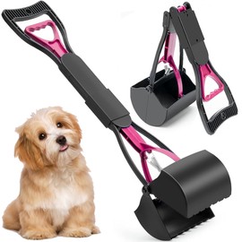 XFLYP Dog Pooper Scooper, 45cm Foldable Portable Pooper Scooper Long Handle, Ergonomic Design and Durable Double Springs, Pet Poop Waste Pick Up Rake for Dogs Cats for Grass Gravel Sand(Pink)