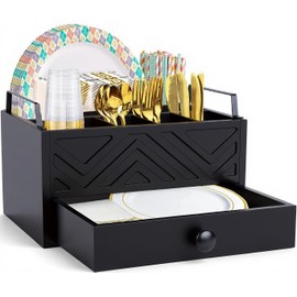 Aikosell Paper Plate Dispenser with Drawer, country style Wood Kitchen Counter, Picnic, Party, Camping - Caddy Organizer for Cups, Spoons, Forks, Plates, office supplies, Napkins & Silverware（Black）