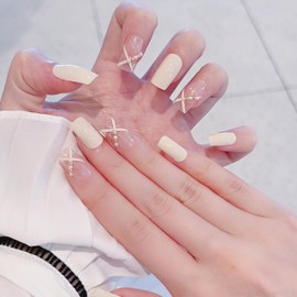 CATKIN 24PCS Short False Nails with Glue Stickers, Press on Nails no Glue for Women Girls Medium Square Decoration Fake Nails