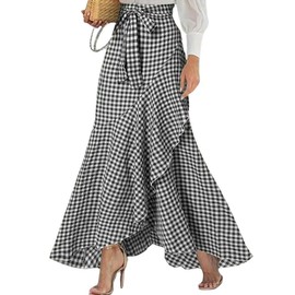 chouyatou Women's Casual Plaid Mermaid Maxi Skirt A Line Irregular Ruffle Hem Fishtail Long Skirt (Large, Plaid Black)