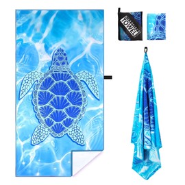 Large Microfibre Blue Turtle Sand Free Quick Dry Travel Swim Towel, 160x90cm, Lightweight, Compact, Thin Sports Beach Towel for Women & Men