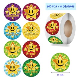600 PCS Student Incentive Stickers 1.5 inches Big Size Star Labels in 8 Designs, Encouragement Motivational Stickers for Teacher Supplies by Soykay (1 Roll)