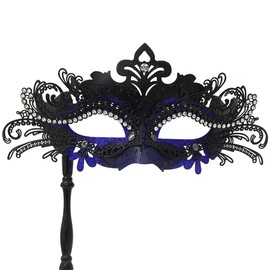 WILOVCOS Womens Masquerade Mask with Stick, Handheld Mardi Gras Mask,Venetian Party Masks (Blue & Black)