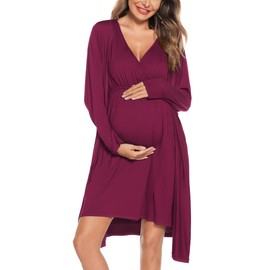SWOMOG Womens 3 in 1 Delivery Labor Maternity Nightgowns Long Sleeve Robes and Sleeveless Gown Nursing Nightdress Hospital Breastfeeding Dress