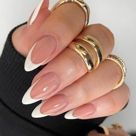 Qsnidy Glossy French Press on Nails Almond Shaped Fake Nails Medium Stick on Nails with White Tips, Natural Brown Nude Full Cover False Nails Acrylic Glue on Nails for Women, 24Pcs