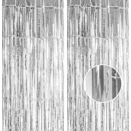 2pcs 3.2 x 8.3ft Glitter Sliver Tinsel Curtain Foil Curtain Decorations Metallic Tinsel Door Hanging Foil Flow Silk Streamers Photo Backdrop Decoration for Christmas Graduation Disco Wall Streamers