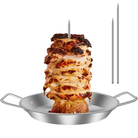 Vertical Skewer Pan, BBQ Skewer for Al Pastor, Stainless Steel Vertical Spit Stand with 3 Removable Spikes (8" / 10" / 12") for Oven Grill Use, for Shawarma Kebabs Tacos Barbecue Dishes