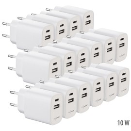 revolt Socket Charger: Economy Pack of 16 2-Port USB Power Supplies, USB-A & USB-C, 2A, 10 Watt, White (230 V Power Supply, UBS Power Supplies)