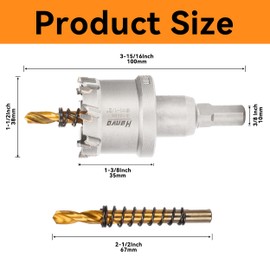 Henvo Hole Saw 1-1/2" (38mm) Heavy Duty Carbide with 2 Pilot Drill Bits - TCT Metal Hole Cutter Cuts Stainless Steel, Iron, Copper, Brass, Plastic