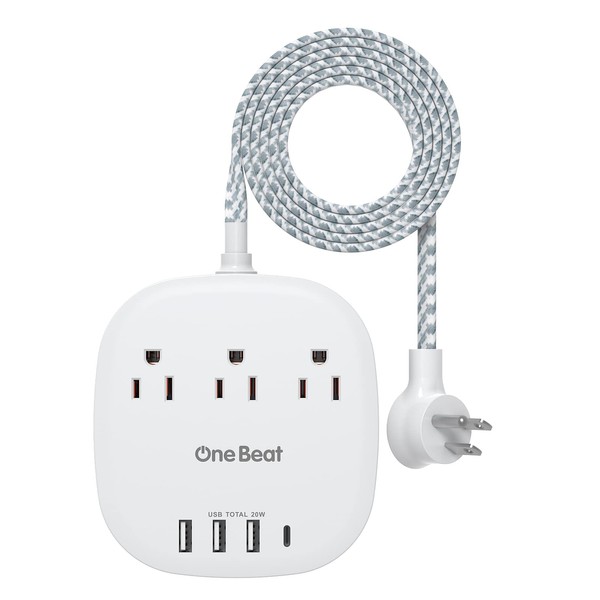 20W USB C Power Strip, 3 Outlet 4 USB Ports Flat Plug Power Strip No Surge Protector for Cruise Ship Travel, 5 ft Long Extension Cords, Desktop Power Strip for Dorm Home Office