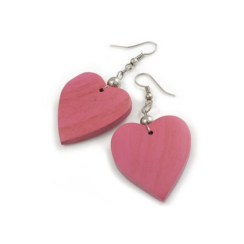 Rose Pink Wood Grain Heart Drop Earrings - 60mm L