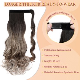 FELENDY 18" Ponytail Extension Curly Wavy Clip in Hairpiece Wrap Around Long Pony Tails Hair Extensions Synthetic for Women Dark Brown Mix Ombre Blonde