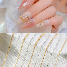 WOKOTO 12 Gold And Silver Metallic 3D Nail Chains Charms Metal Nail Art Chain Nail Jewelry Chains Nail Decorations with Box 3D Gold Silver Nail Chains Nail Ornaments Nail Art Studs for Manicure