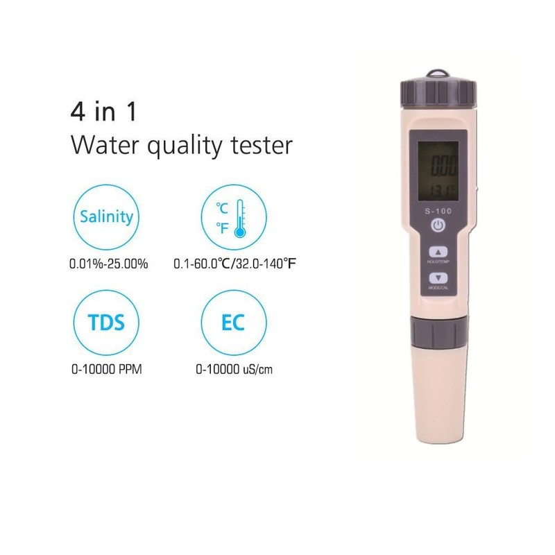 4-in-1 Digital Water Meter IP67, Water Meter for Salinity, TDS,