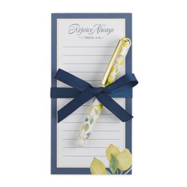 Christian Art Gifts Compact Magnetic Notepad & Medium Ballpoint Pen Set for Women: Rejoice Always Inspirational Scripture, Lists, Reminders, 70 Lined Easy Tear-off Sheets, Navy Blue & Yellow Lemons