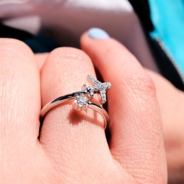 925 Sterling Silver Aeroplane Ring with Sparkling Zircons - High Quality Adjustable Ring Special Gift Idea for Travelling Women and Travellers, Sterling Silver, Zircon
