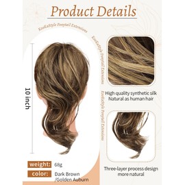 KooKaStyle 10" claw clip in ponytail hair extensions short curly natural synthetic fake hair dark brown & golden auburn hairpieces for women daily use