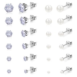 12 Pairs Flat Back Pearl Earrings Faux Pearl Studs Earrings for Women Silver Cubic Zirconia Ball Stud Earring Set for Multiple Piercing Cartilage Small Tragus Birthday Mother Festival Gifts White