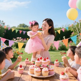 12 Pcs Red Glitter "Two" with Strawberry Cupcake Toppers - 2nd Birthday Party Decoration, Anniversary Dessert Picks, Berry Sweet Celebrations for Cakes & Appetizers