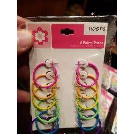 Unbranded 1 pack of 6 Pairs Neon Fluorescent Pierced 1" Earring Hoops New in Pack!