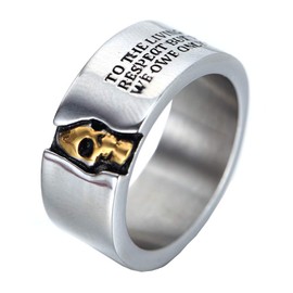 Oakky Men's Stainless Steel Skull Ring Cool Half Face Silver White Biker Bands Engraved Letters Size 11