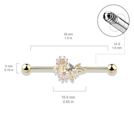 Pierced Owl 14GA Stainless Steel CZ Crystal and Enamel Flower Bouquet Industrial Barbell (Rose Gold Tone)