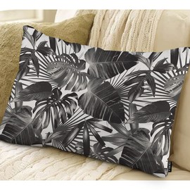 EKOBLA Palm Leaves Rectangle Throw Pillow Case Tropical Jungle Leaf Plant Black White Waist Lumbar Cotton Linen Pillow Covers Decorative Oblong Cushion Cover 12x20 Inches for Sofa Home Decoration