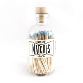 Made Market Co. Matches in Apothecary Bottle | Approx. 100 Wooden Powder Blue Tip Safety Matchsticks for Candle & Decor | Fancy 3.5" Matches | Glass Jar Holder with Cork & Striker