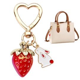 HotoPink Cute Strawberry Keychain, Cute Metal Rabbit Strawberry Keyrings, Kawaii Heart Keychain Bag Decor Accessories Gift for Handbags Bag Purse Wallet Cellphone Car