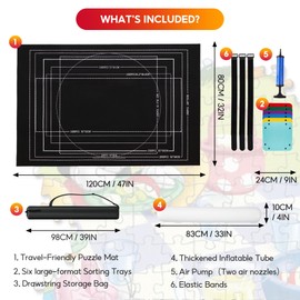 Jigsaw Puzzle Mat Roll Up 2000 1500 1000 Pieces Portable Puzzle Board/Table Saver Mats, Smooth Top & Non-Slip Felt Bottom with 6 Sorting Trays, Storage Bag, Inflatable Roller for Adults Kids Gift