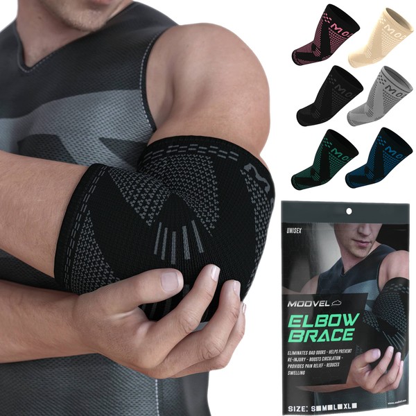 Modvel [2 Pack Elbow Brace - Compression Support Sleeve for Joint Pain Relief, Recovery, Tendonitis, Tennis & Golfer's Elbow - Workout & Weightlifting Arm Wrap - For Men & Women. (Black)