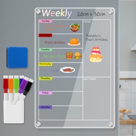 ZenBeya Clear Acrylic Meal Planner for Fridge, Magnetic Menu Board for Kitchen, Colorful Calendar Weekly Dry Erase Board for Refrigerator with 6 Magnet Markers & Eraser & Pen Holder (20x30cm)
