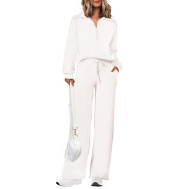 PRETTYGARDEN Women's 2 Piece Outfits Casual Lapel Half Zip Sweatshirts And Wide Leg Pants Tracksuit Sets (White,Medium)
