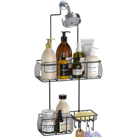 Shower Caddy Hanging, Anti-Swing Over Head Shower Caddy Rustproof with Hooks for Towels, Sponge and More, Matte Black - Color: White