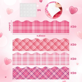 BeYumi 80Pcs Valentine's Day Pink Plaid Bulletin Board Borders Pink Heart Scalloped Plaid Border Trim Valentine's Day Themed School Classroom Office Party Chalkboard Blackboard Whiteboard Decoration