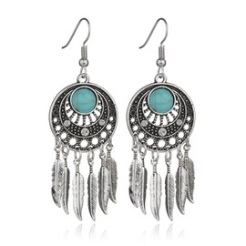 coadipress Boho Turquoise Feather Tassel Earrings for Women Bohemian Drop Earrings Boho Vintage Feather Earrings Round Moon Turquoise Inlay Statement Earrings Jewelry Gifts (Turquoise Feather Tassel)