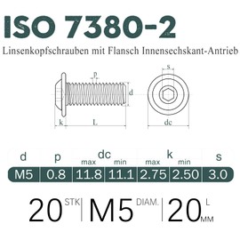 Screws M5, Pack of 20 Rounded Head Screws Stainless Steel Screws M5 x 20 mm A2 V2A 304 Rustproof, MeHurr Hexagon Socket (ISK) Screws with Flange, Machine Screws ISO7380-2, Screw Full Thread
