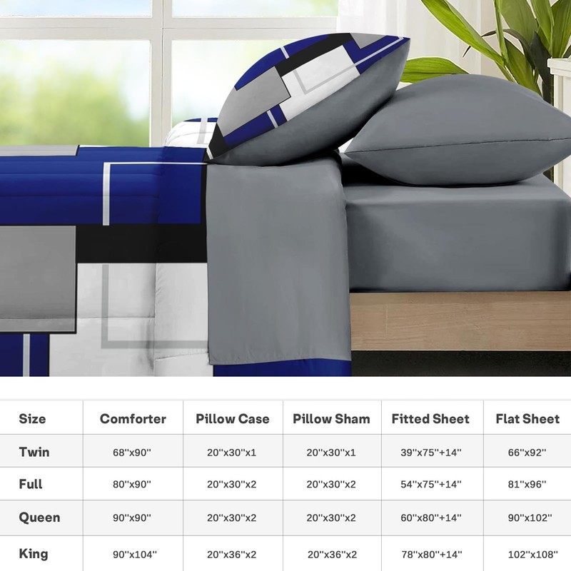 Nesker Comforter Set King Size, Blue Black Geometric 7 Pcs