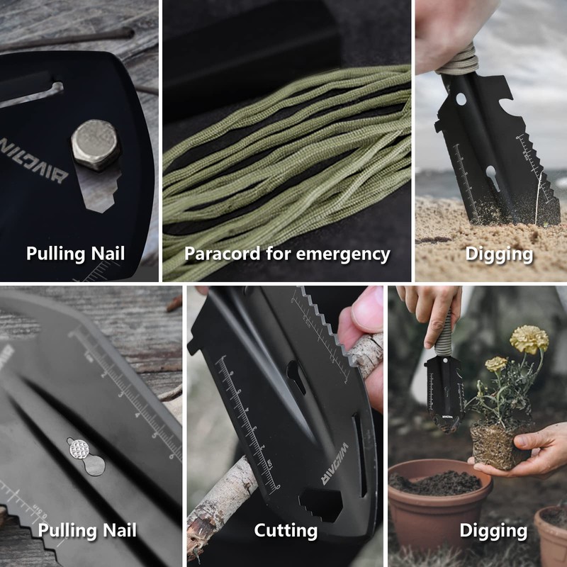 WILDAIR Camping Shovel Multifunctional 7 in 1 Survival Multitool Small