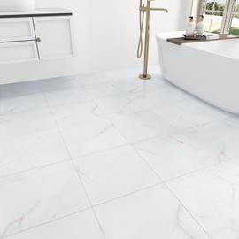 Wallercity White/Red Peel and Stick Floor Tile Waterproof White Marble Floor Tiles for Kitchen Bathroom 12''x12'' Vinyl Flooring Tile Panels Modern Self Adhesive Flooring Sheets for Hallway RV 5PCS