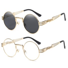Dollger 2 Pack Sunglasses Metal Retro Round Steampunk Glasses Mirror Black lens and Transparent lens