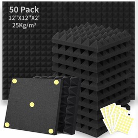 Focusound 50 Packs Acoustic Foam Panels Pyramid 2" X 12" X 12", Soundproofing Foam Noise Cancelling Foam with 300 PCS Double-Side Adhesive