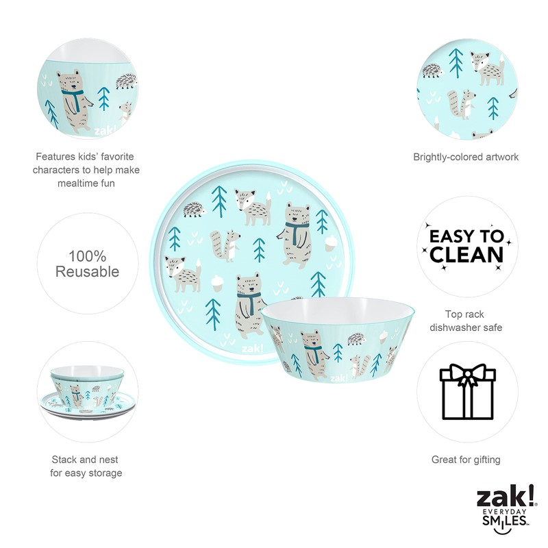 Zak Designs 5-Piece Dinnerware Set, Forest Friends - Durable Plastic