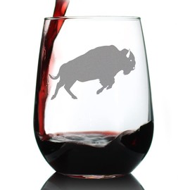 Bison Stemless Wine Glass - Cabin Themed Gifts or Rustic Decor for Women and Men - Engraved Silhouette - Large 17 Oz Glasses