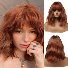 Esmee Short, Red Brown Wig with Fringe for Women, Natural, Synthetic Hair, Ombre Wig with Dark Roots, Loose, Wavy Wigs for Cosplay, Daily Use, Party, 14 Inches