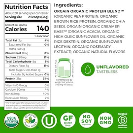 Orgain Organic Unflavored Vegan Protein Powder, Natural Unsweetened - 21g of Plant Based Protein, Non Dairy, Gluten Free, No Sugar Added, Soy Free, No