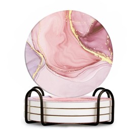 BaHomeck Ceramic Drink Coasters Set of 4 with Holder Round Water Absorbent Pink Sweet Gentle Marble Ceramic Coasters Tabletop Protection (Cork Base), Suitable for Various Mugs, Home Decor, 4 Inch
