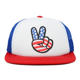 Funky Junque Infant Trucker Hat 6-12 Months, 4th of July Design, Foam Front, Mesh Back, Adjustable Snapback - USA Peace Fingers - White/Red/Blue