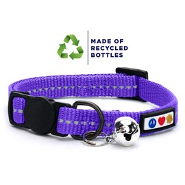 Pawtitas Recycled Cat Collar with Reflective Stitched and Safety Buckle Removable Bell Reflective Cat Breakaway Collar Made from Plastic Bottles - Purple Quartz Cat Collar.